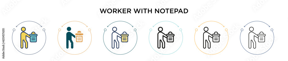 Aufkleber worker with notepad icon in filled, thin line, outline and stroke style. vector illustration of two 
