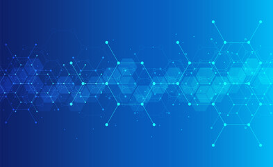 Hexagons pattern on gray background. Genetic research, molecular structure. Chemical engineering. Concept of innovation technology. Used for design healthcare, science and medicine background