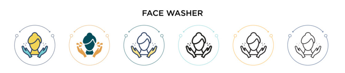 Face washer icon in filled, thin line, outline and stroke style. Vector illustration of two colored and black face washer vector icons designs can be used for mobile, ui, web