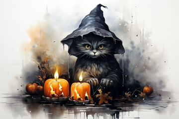 Cute cat in a witch's hat with pumpkins and candles