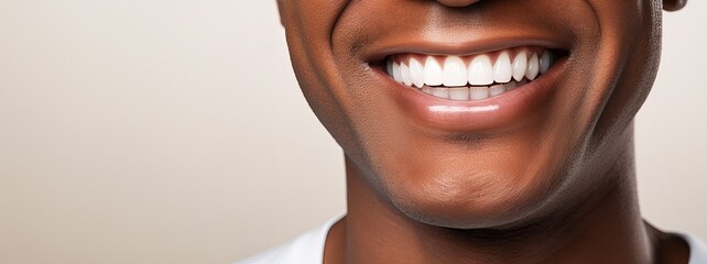 Tooth whitening concept. Happily smiling African American young man with perfectly white even teeth. Smiling mouth close up. Picture with copy space.