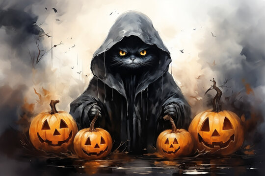 Black cat in a hood with pumpkins on a foggy background