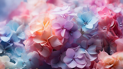 Obraz premium This is a close-up photograph of a Hydrangea flower set against a rainbow patchwork background, with a colorful pastel neon mist creating a foggy atmosphere around it. Generative AI