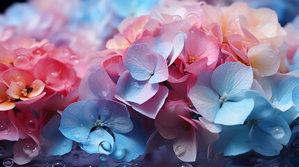 Obraz premium This is a close-up photograph of a Hydrangea flower set against a rainbow patchwork background, with a colorful pastel neon mist creating a foggy atmosphere around it. Generative AI