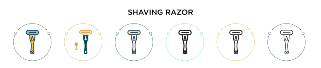 Shaving razor icon in filled, thin line, outline and stroke style. Vector illustration of two colored and black shaving razor vector icons designs can be used for mobile, ui, web