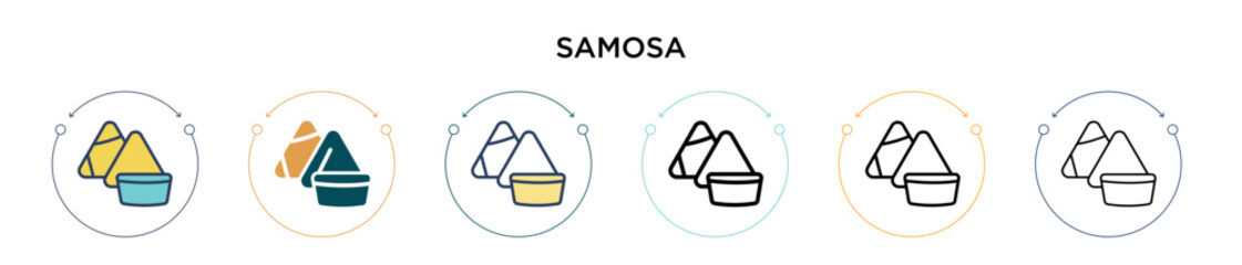 Samosa icon in filled, thin line, outline and stroke style. Vector illustration of two colored and black samosa vector icons designs can be used for mobile, ui, web