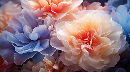 This is a close-up photograph of a peony flower set against a rainbow patchwork background, with a colorful pastel neon mist creating a foggy atmosphere around it. Generative AI