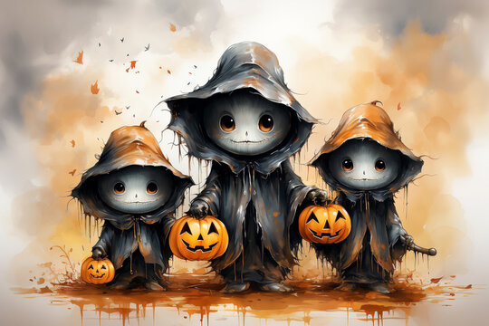 Halloween background with pumpkins and witchs. Watercolor illustration.