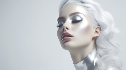 Silver Beauty Model Portrait. Web banner with empty copy space on the side. Generative AI.