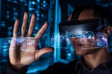 User's hands interacting with a futuristic, technological, holographic, light blue augmented reality user interface (UI) to bring artificial intelligence abilities in his daily life, a close-up high