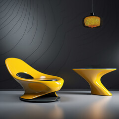 Futuristic elegant yellow armchair and table on grey background. AI Generated.