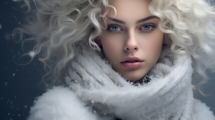 Winter Beauty Model Portrait. Web banner with empty copy space on the side. Generative AI.