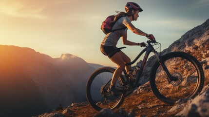 Fototapeta na wymiar Young woman riding bicycle on beautiful mountain trail in morning, cyclist on sports bike, Generative AI