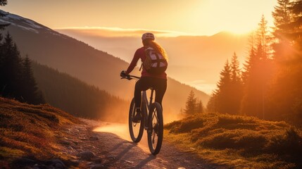 Fototapeta premium Young woman riding bicycle on beautiful mountain trail in morning, cyclist on sports bike, Generative AI