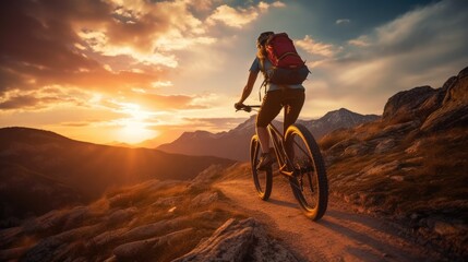 Fototapeta na wymiar Young woman riding bicycle on beautiful mountain trail in morning, cyclist on sports bike, Generative AI