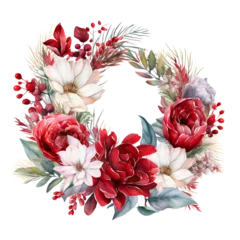 Behang Christmas Flowers Wreath Watercolor Background Seamless Pattern, Watercolor Illustration, Flowers Sublimation Design, Red White Flowers Clip Art. © TasaDigital