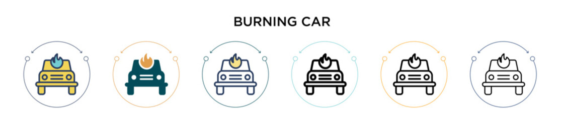 Naklejka premium Burning car icon in filled, thin line, outline and stroke style. Vector illustration of two colored and black burning car vector icons designs can be used for mobile, ui, web