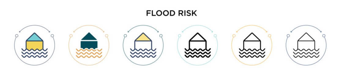 Flood risk icon in filled, thin line, outline and stroke style. Vector illustration of two colored and black flood risk vector icons designs can be used for mobile, ui, web