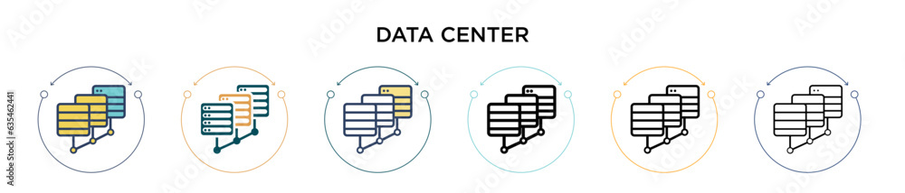 Poster data center icon in filled, thin line, outline and stroke style. vector illustration of two colored 