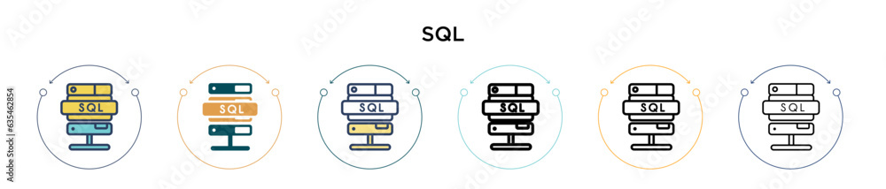 Poster sql icon in filled, thin line, outline and stroke style. vector illustration of two colored and blac