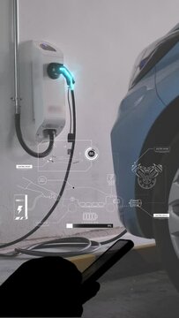 EV charging station for electric car with mobile app display charger status . The electric power is produced from sustainable resources to supply to charger station in order to reduce CO2 emission