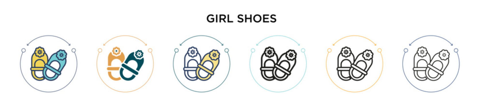 Girl shoes icon in filled, thin line, outline and stroke style. Vector illustration of two colored and black girl shoes vector icons designs can be used for mobile, ui, web