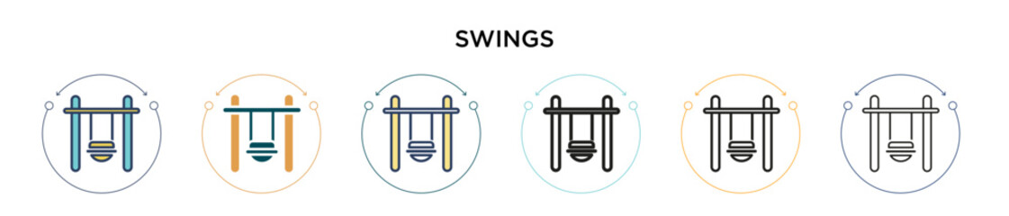 Swings icon in filled, thin line, outline and stroke style. Vector illustration of two colored and black swings vector icons designs can be used for mobile, ui, web