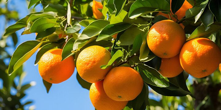 Orange fruits. Orange tree with fruits. Tropical Mediterranean plant, Close-up of ripe tangerines on the branches of trees on a sunny day, tarocco oranges on tree against a blue sky during picking sea