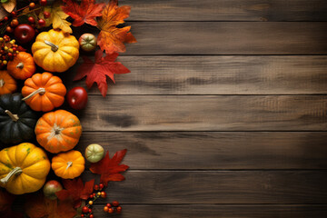 Thanksgiving background: Apples, pumpkins and fallen leaves on wooden background. Copy space for text. Halloween, Thanksgiving day or seasonal background. Generative AI.