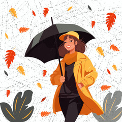 Fototapeta premium Vector flat illustration in cartoon style. A happy young woman with an umbrella, in comfortable warm clothes, walks in the park under the autumn rain. 