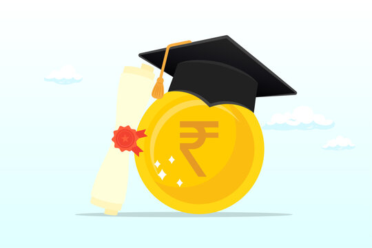 Rupie money coin with mortarboard graduation cap and certificate, education cost, tuition or scholarship, money for university or graduation, school expense or student debt, college diploma (Vector)