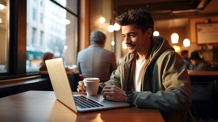 A handsome smiling man sitting in a coffee shop. Working, studying, concentrating on his laptop screen. Achieve a goal, target or finish a task or success concept made by Generative AI.