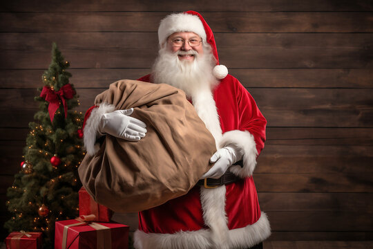 Happy Santa Claus with a big bag of gifts for children. Merry Christmas. New Year's Eve concept. Bright image of Santa for advertising and design.