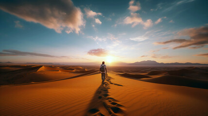 A traveler walking on the top of a sand dune in the desert. The man searching for the best way. Sunset sky, horizon. Fantasy concept of hope, patience, endurance. Image made by Generative AI