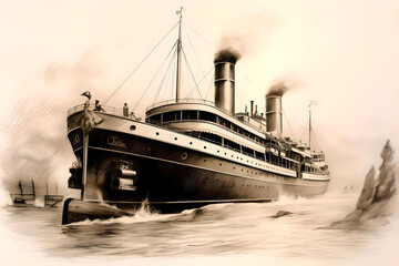 vintage monochrome drawing of a passenger steamship - generative ai