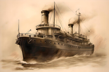 vintage monochrome drawing of a passenger steamship - generative ai - obrazy, fototapety, plakaty