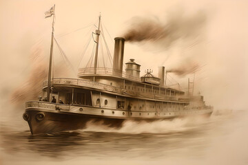 vintage monochrome drawing of a passenger steamship - generative ai - obrazy, fototapety, plakaty