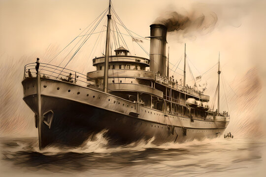 vintage monochrome drawing of a passenger steamship - generative ai