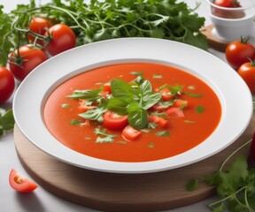 Summer Spanish soup - gazpacho with rocket salad isolated on white background. Vegetarian cold tomato soup in white plate. Meatless food in menu. Veggie lunch. Healthy food. Plant based eating