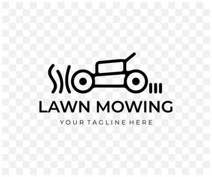 Lawn mower, mower, grass-cutter, mows grass, linear graphic design. Landscaping, grass, nature, garden and gardening, vector design and illustration