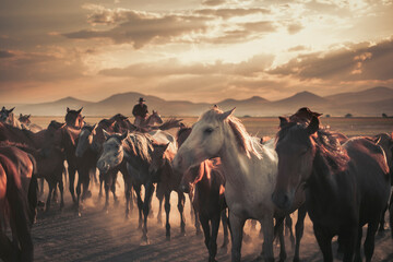 wild horses and cowboy - obrazy, fototapety, plakaty