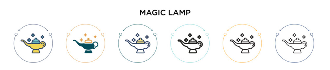 Magic lamp icon in filled, thin line, outline and stroke style. Vector illustration of two colored and black magic lamp vector icons designs can be used for mobile, ui, web