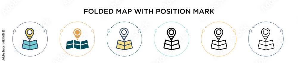Poster folded map with position mark icon in filled, thin line, outline and stroke style. vector illustrati