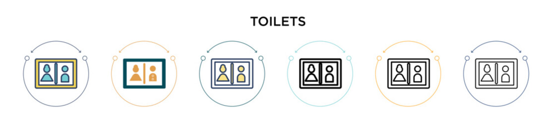 Toilets icon in filled, thin line, outline and stroke style. Vector illustration of two colored and black toilets vector icons designs can be used for mobile, ui, web