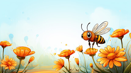 Creative illustration of a bee collecting nectar from yellow flowers.