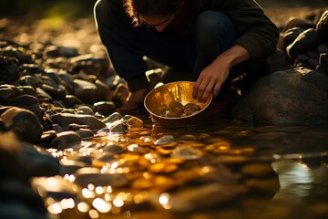 Finding gold, gold panning or digging, gold ore, Generative Ai