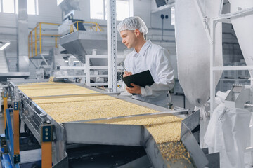 Concept modern food industry, factory production line. Worker man control quality product on automatic conveyor belt for transporting cedar nuts