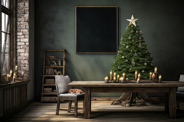 Weihnachtliche Illustration von einem nostalgischen Zimmer mit Weihnachtsbaum, Kerzen, einer schlafenden Katze und Vintage Hintergrund mit Textfreiraum als Illustration.