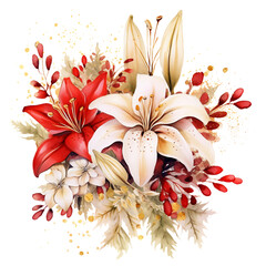 Christmas Flowers Watercolor Clip Art, Watercolor Illustration, Flowers Sublimation Design, Red White Flowers Clip Art.