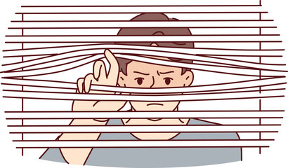 Man peeks through closed blinds to follow neighbor or find out secret information - obrazy, fototapety, plakaty
